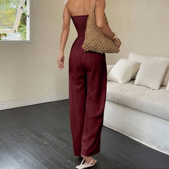 Burgundy Casual Women's Sexy Pleated Off-Shoulder Sleeveless Jumpsuit - Picture 3 of 7